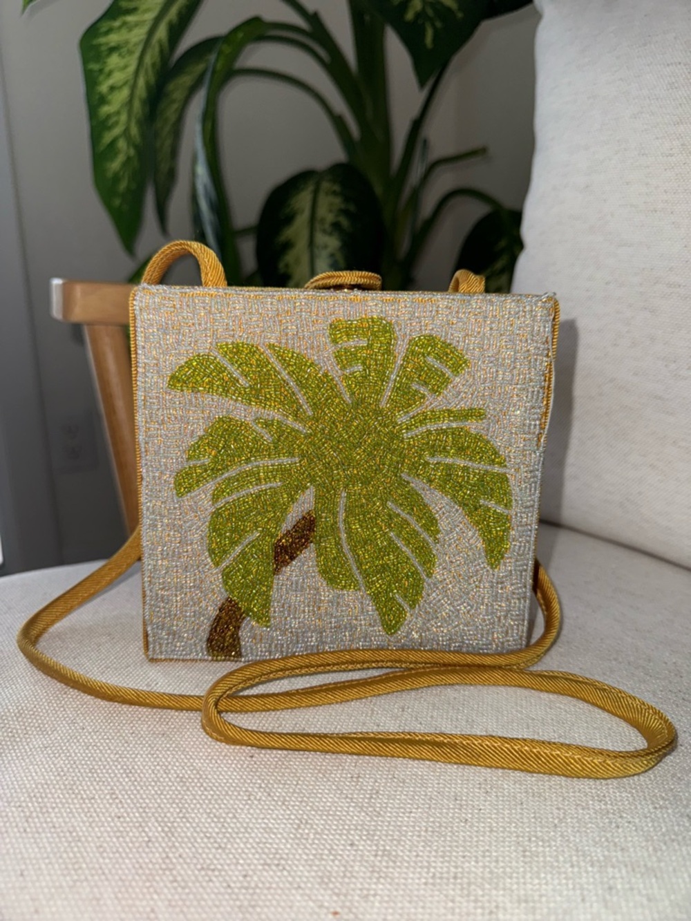 Tommy Bahama Beaded Glittering Palm Tree Vibrant Yellow Crossbody Shoulder Bag